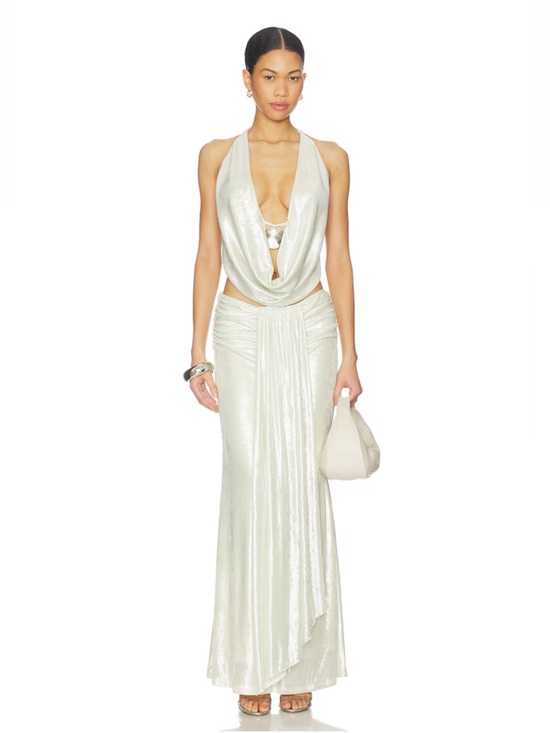 superdown Dresses & Skirts - superdown Metallic Cream Halter Drape Crop Top & Skirt Set